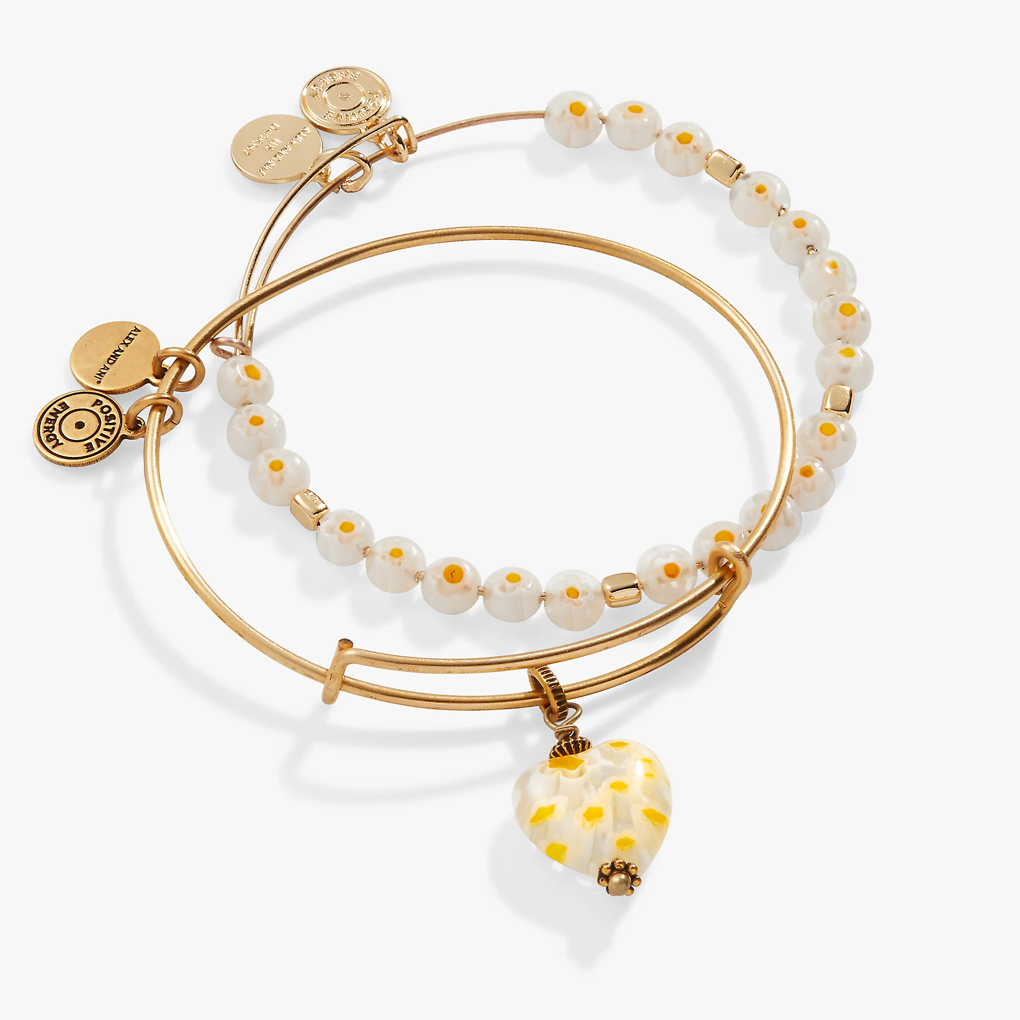 Daisy Heart Charm Bangle Bracelet. Set of 2