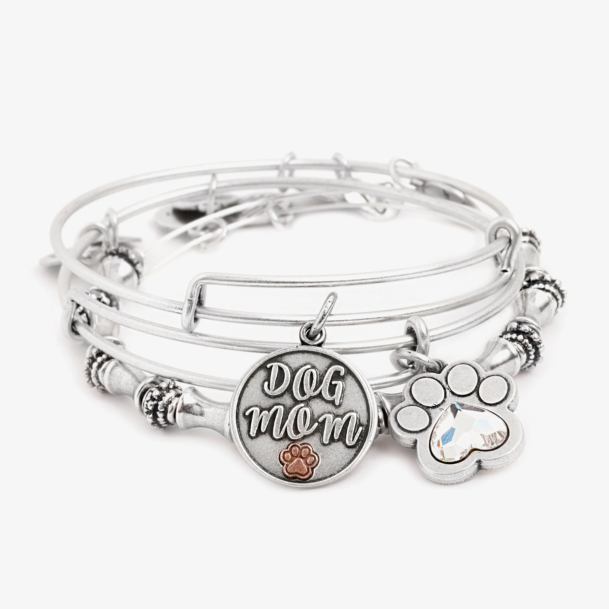 'Dog Mom' Charm Bangle. Set of 3