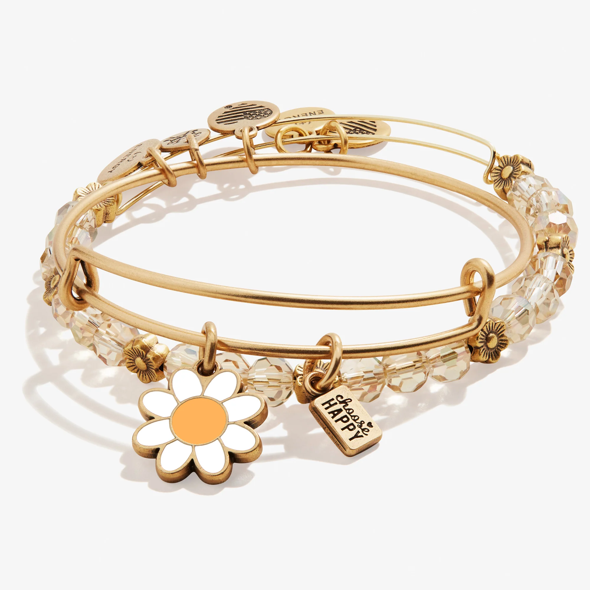'Choose Happy' Daisy Charm Bangles. Set of 2