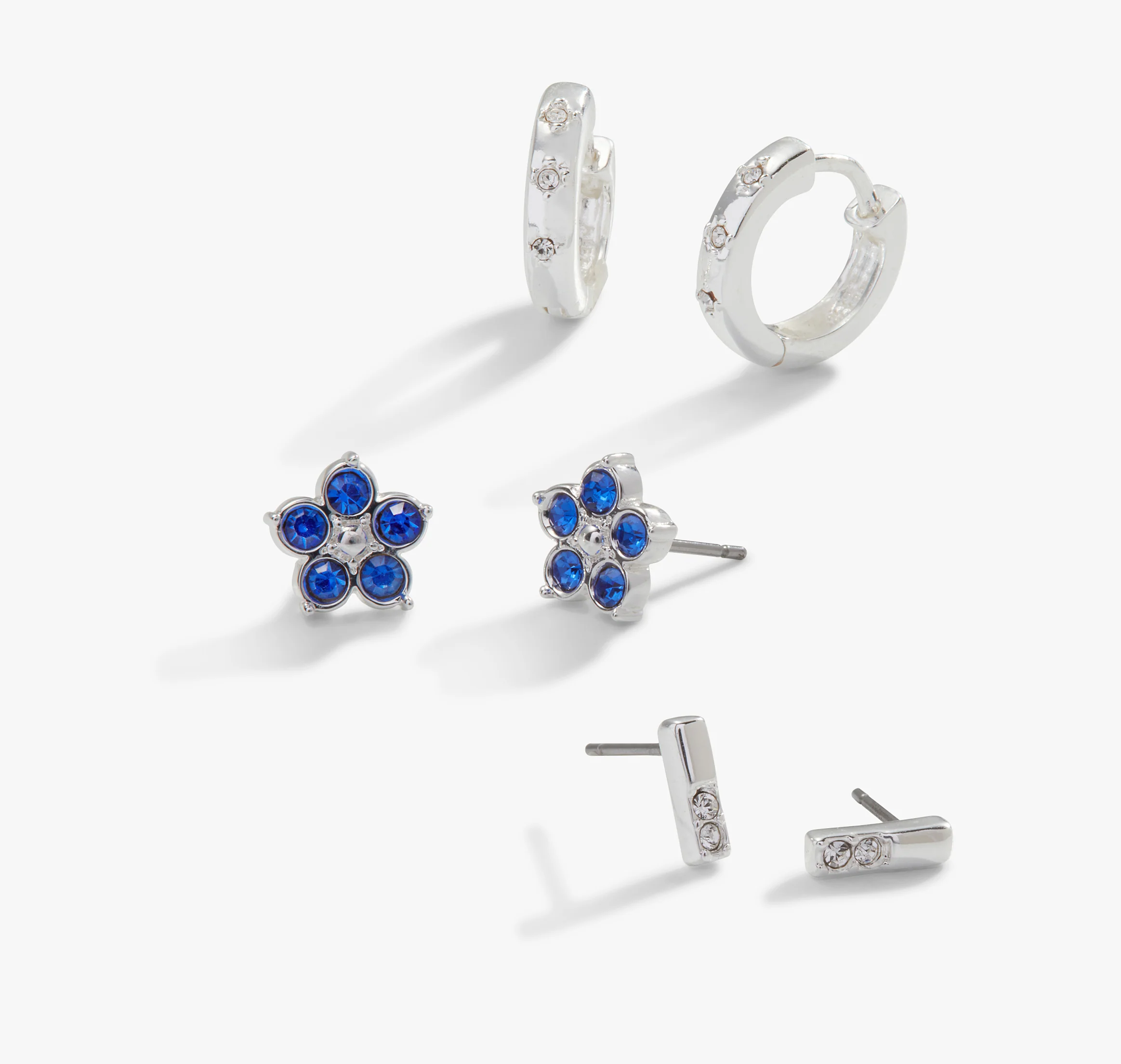Crystal Forget-Me-Not Flower Stud + Hoop Earrings. Set of 3