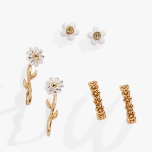 Daisy Flower Stud and Huggie Hoop Earring Set of 3