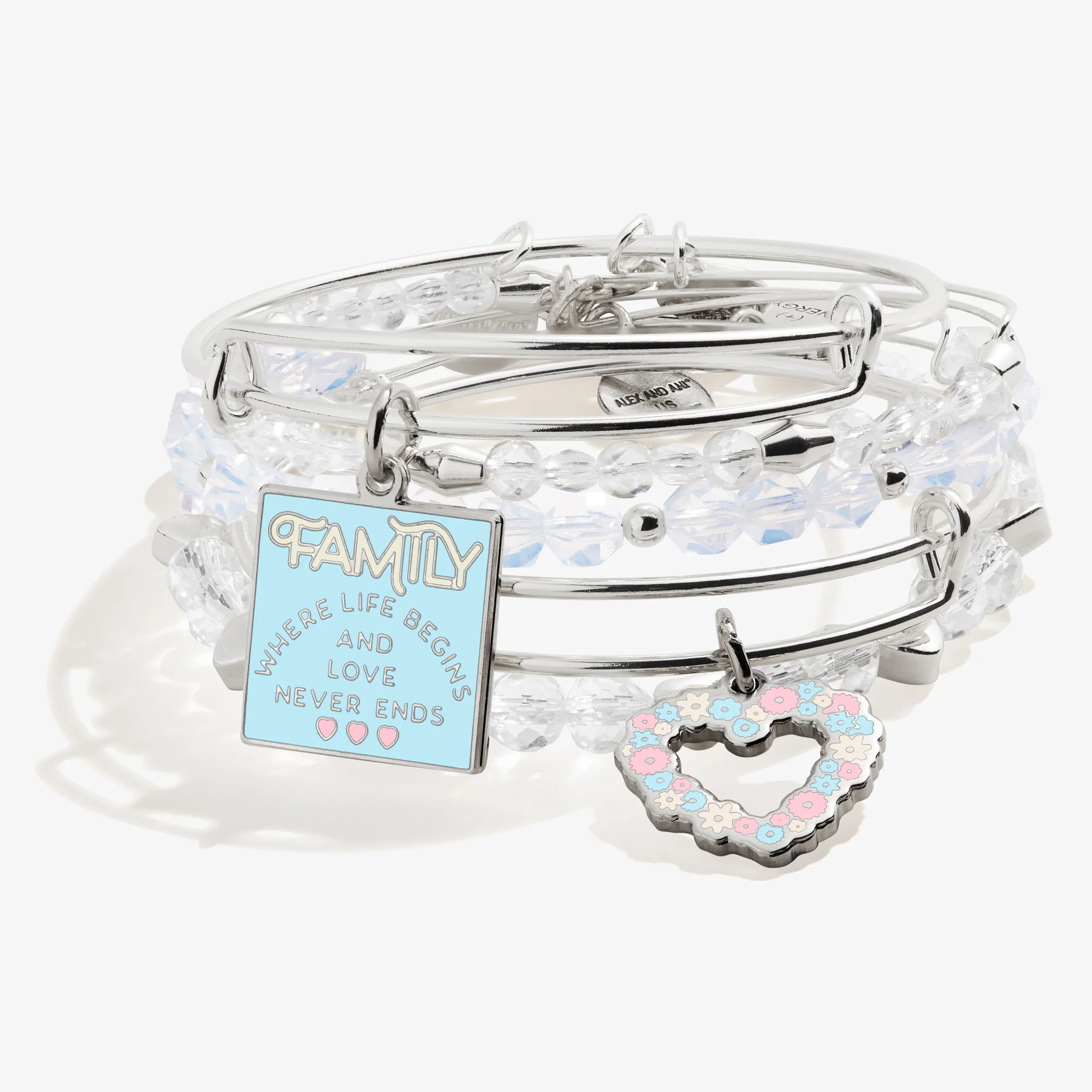 'Family. Where Life Begins And Love Never Ends' Charm Bangles. Set of 5