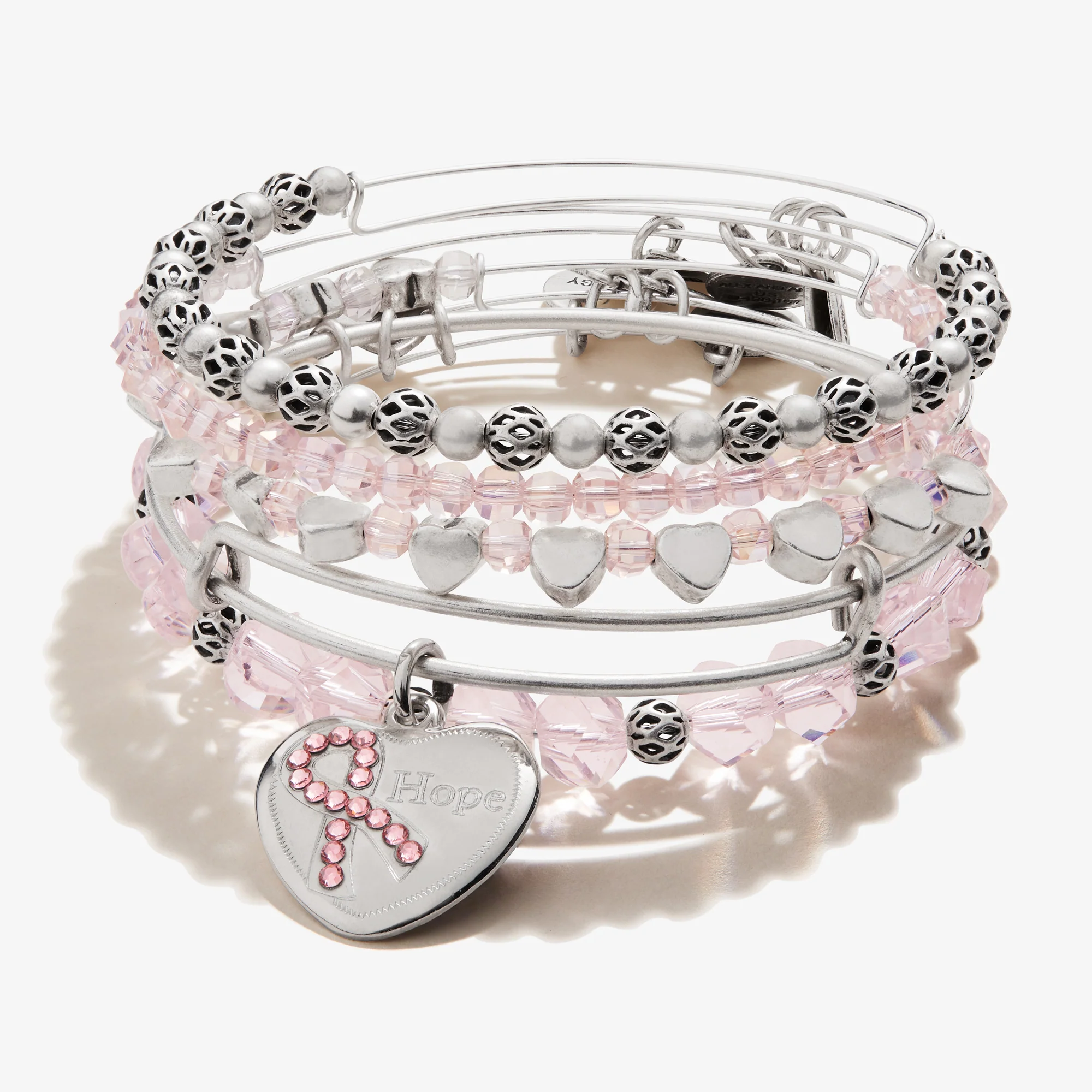 'Hope' Pink Ribbon Charm Bangle. Set of 5