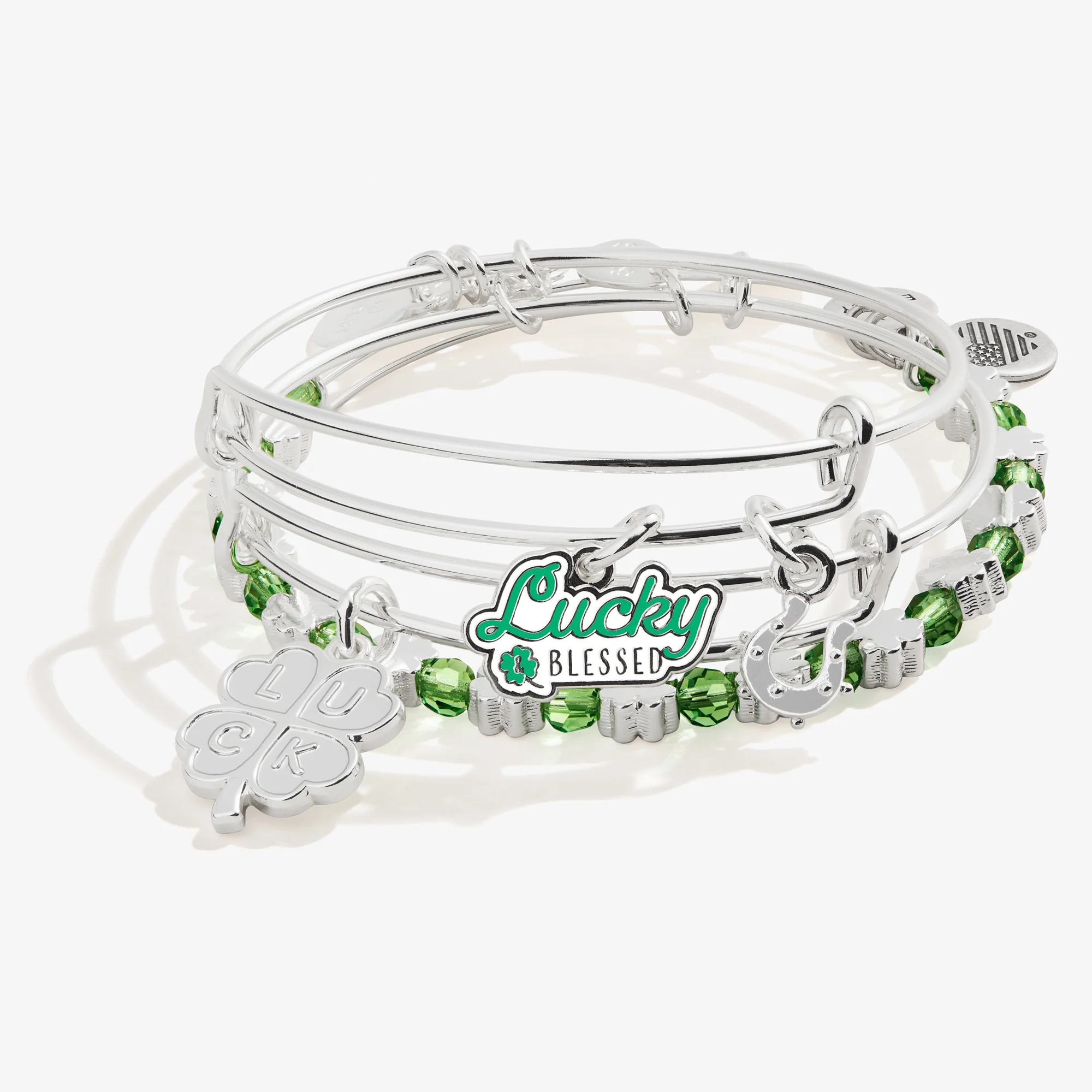 'Lucky And Blessed' Lucky Clover Charm Bangles. Set of 3