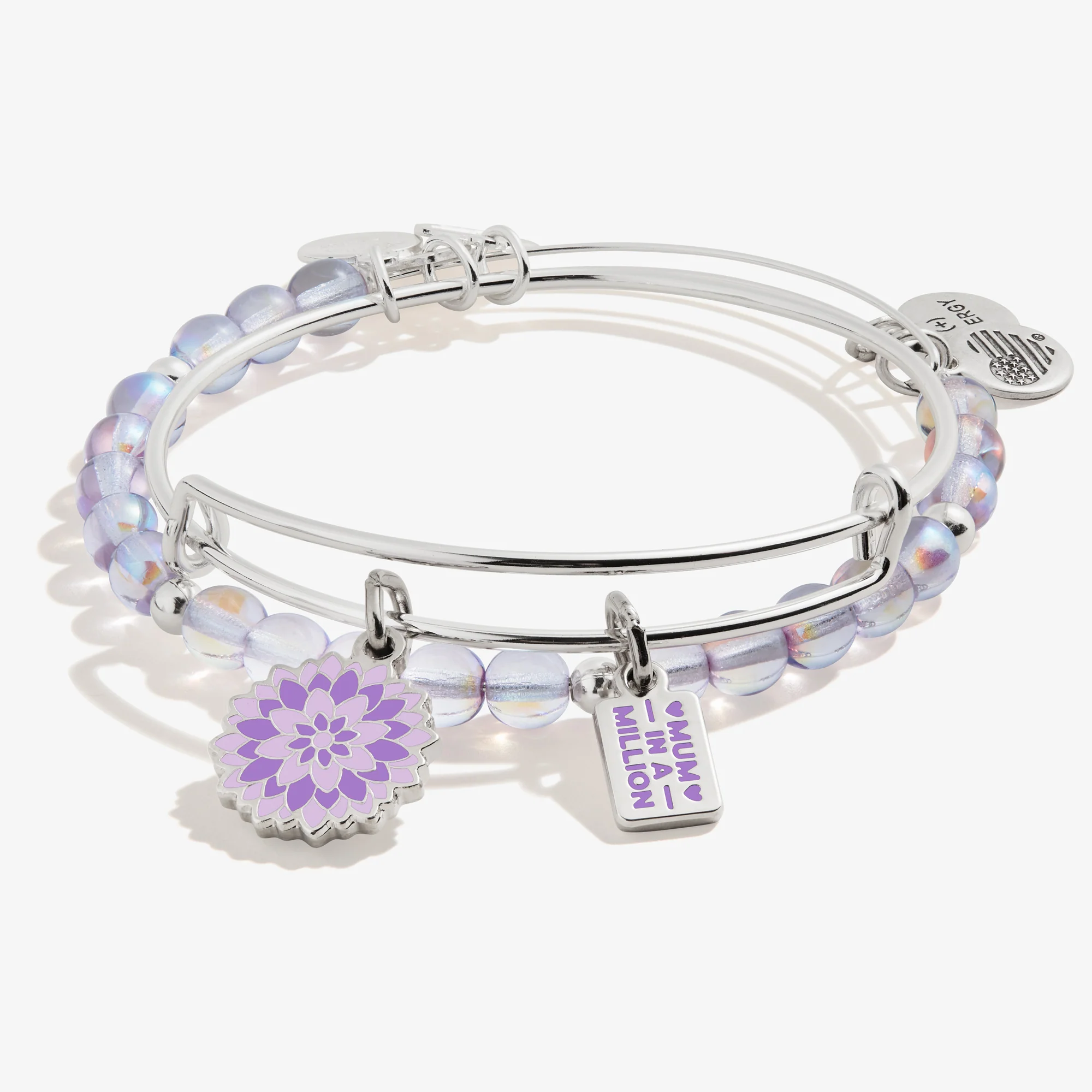 'Mum in a Million' Purple Flower Duo Charm Bangle. Set of 2