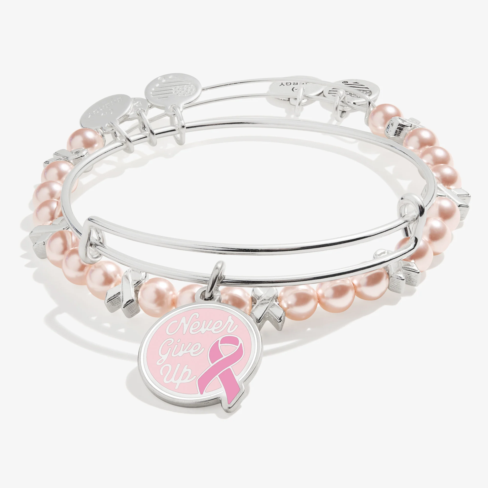 'Never Give Up' Breast Cancer Awareness Charm Bangles. Set of 2