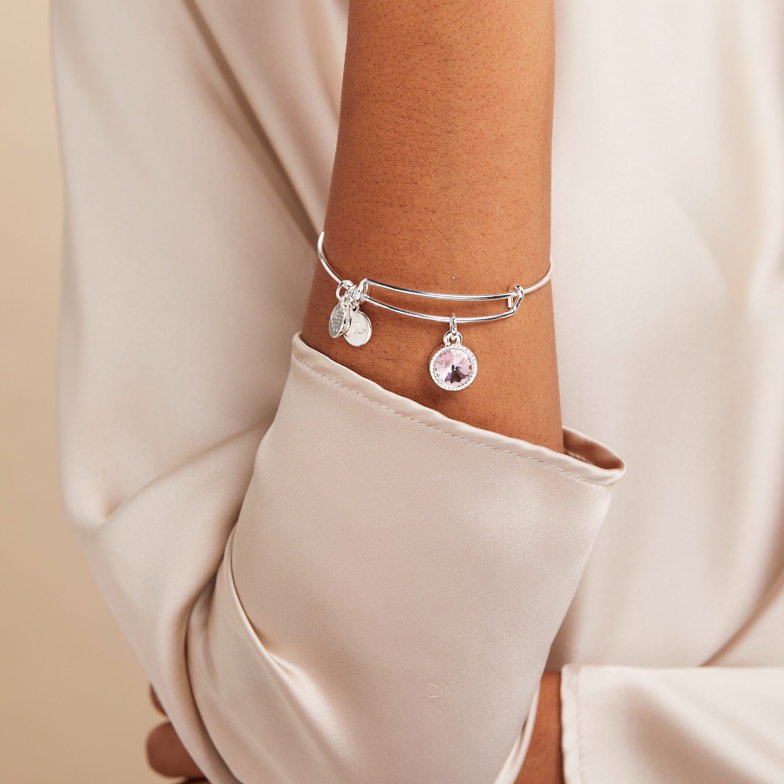 October Birthstone Charm Bangle. Rose - Image 2